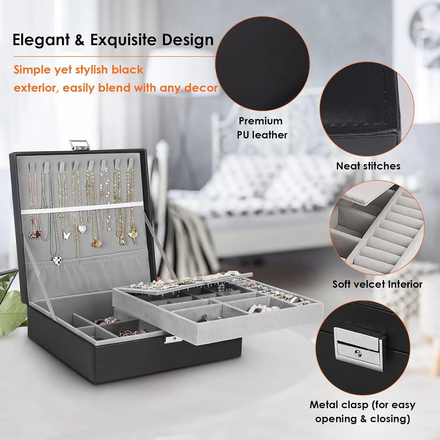 2 Layer PU Leather Jewelry Organizer with Lock,  Black