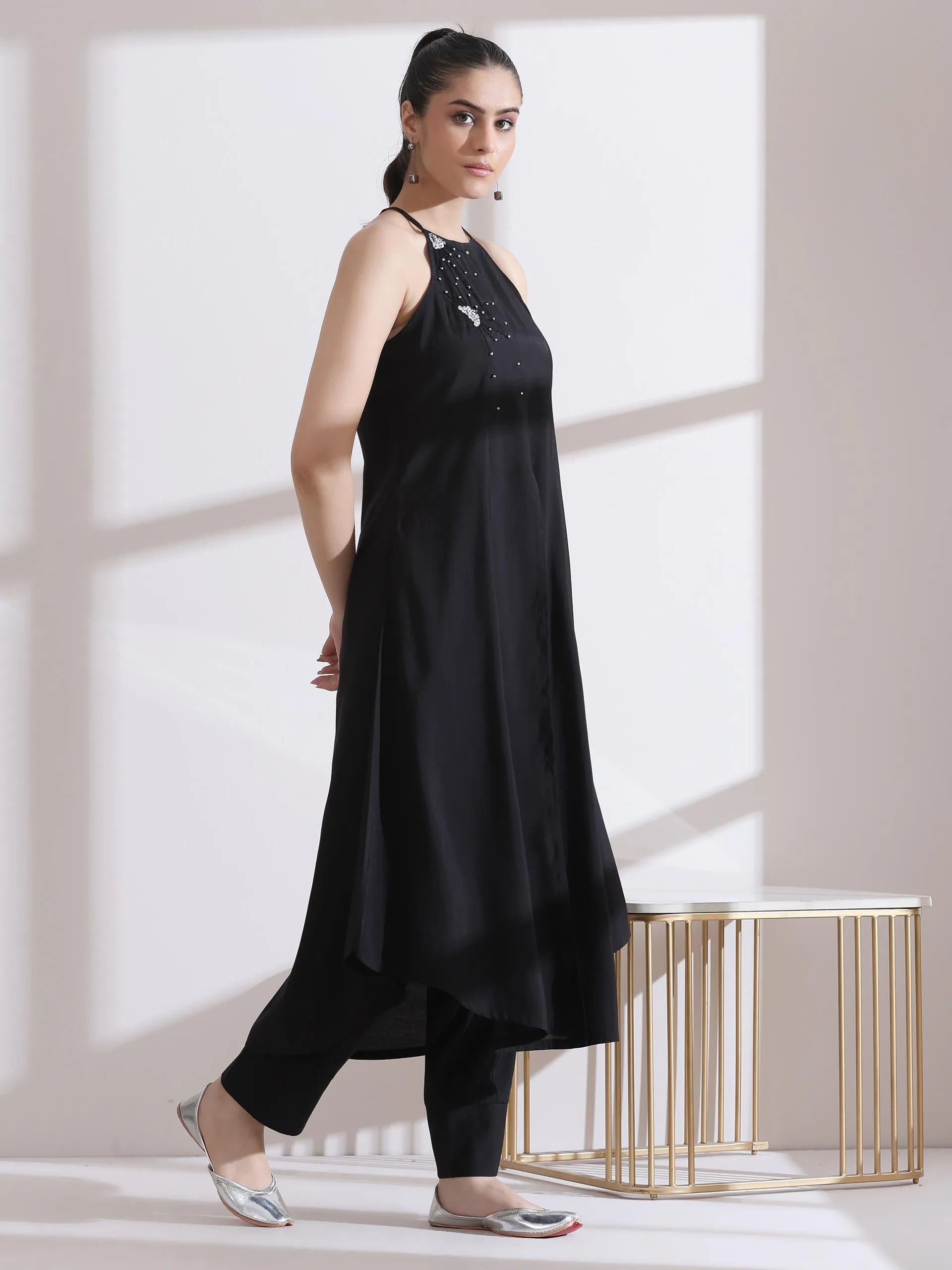 2 Pc Set - Airskin Black And Silver Halter Kurta And Plazzo Pants