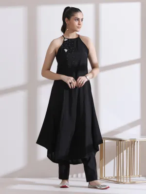 2 Pc Set - Airskin Black And Silver Halter Kurta And Plazzo Pants