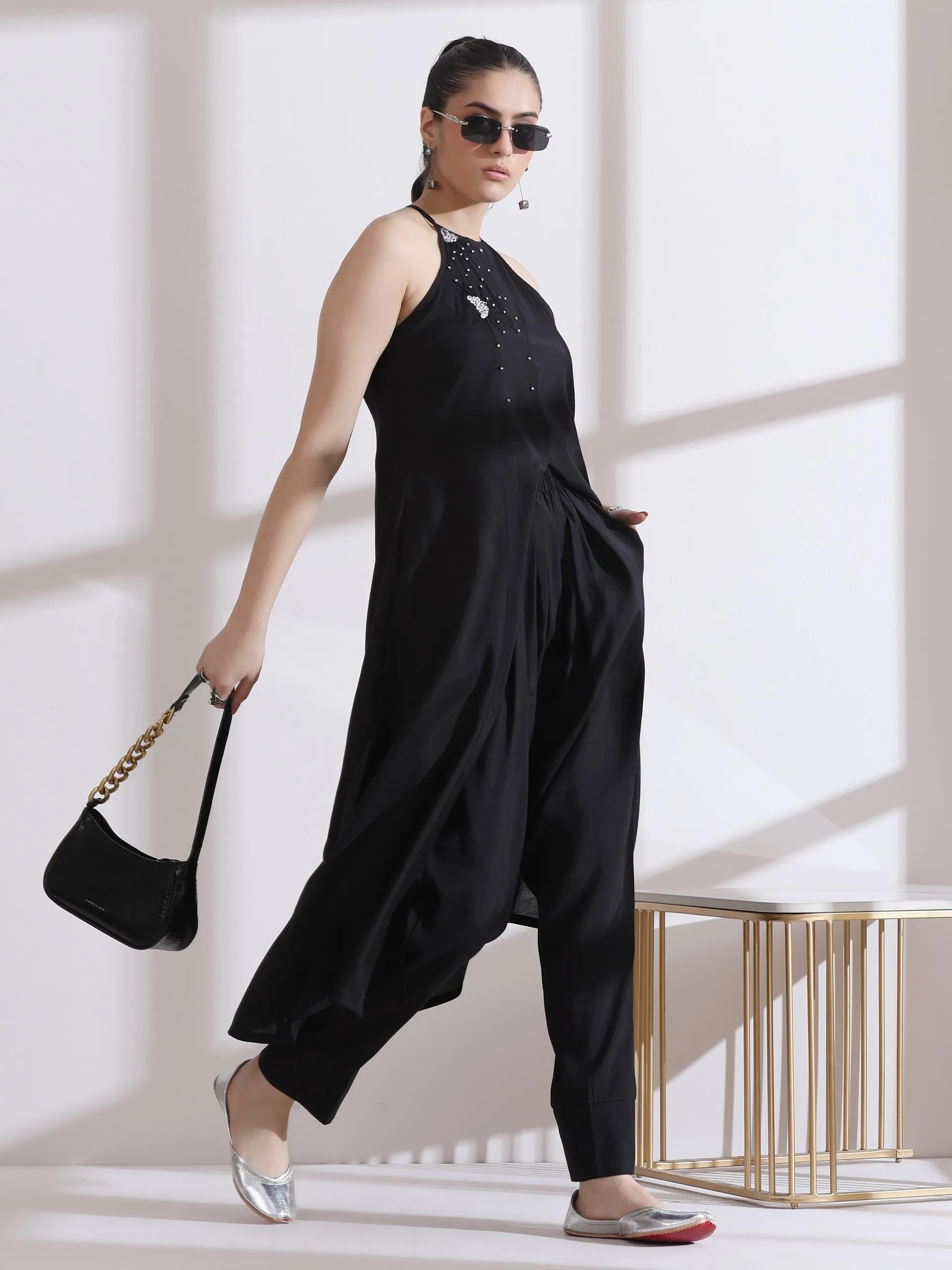 2 Pc Set - Airskin Black And Silver Halter Kurta And Plazzo Pants
