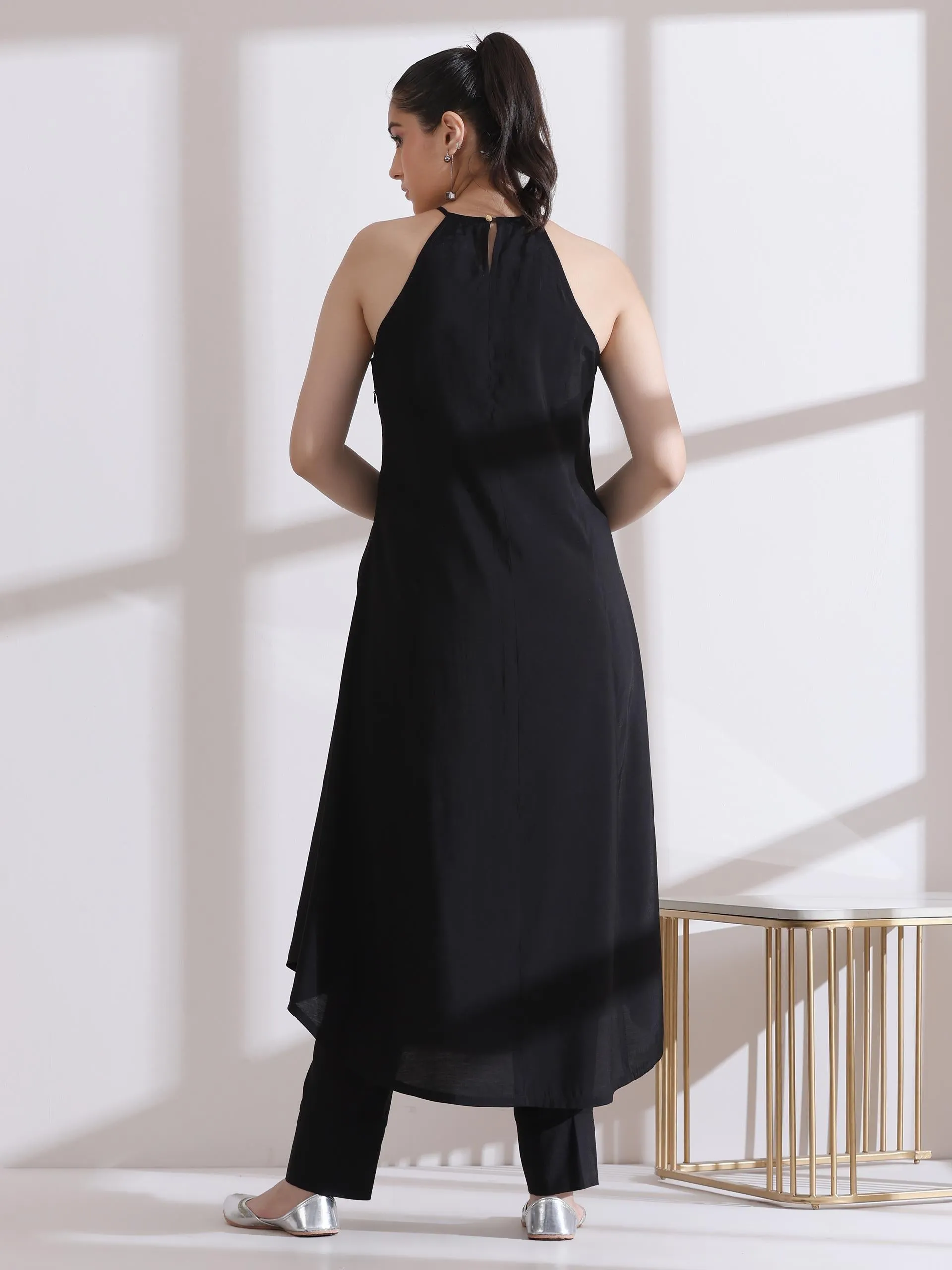 2 Pc Set - Airskin Black And Silver Halter Kurta And Plazzo Pants