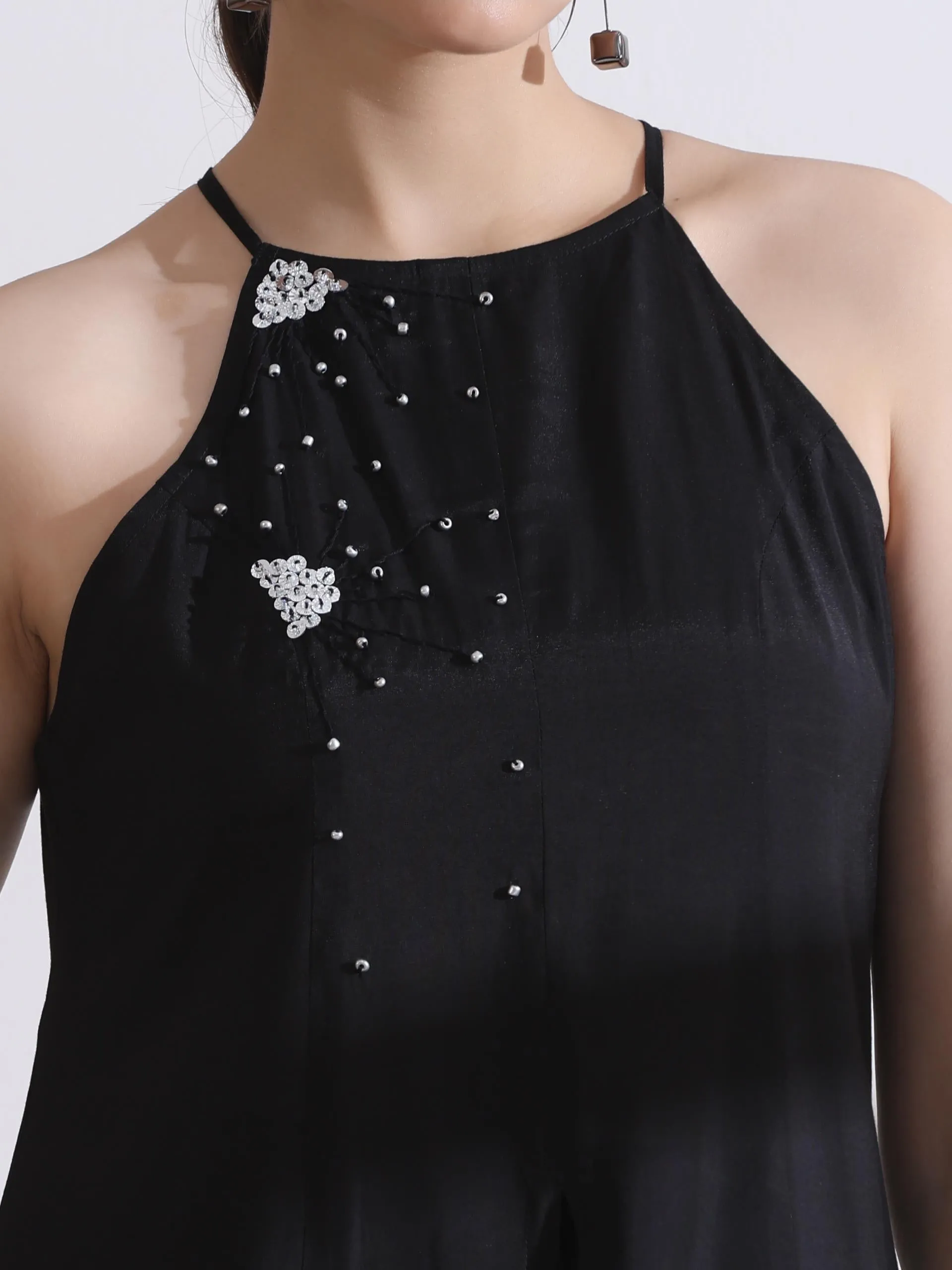 2 Pc Set - Airskin Black And Silver Halter Kurta And Plazzo Pants