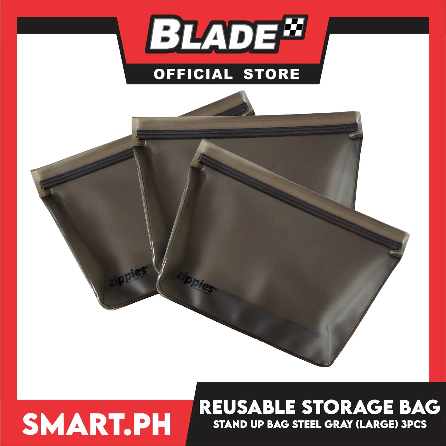 3pcs Large Zippies Reusable Standup Storage (Steel Grey) BPA Free, Practical, Versatile And Functional