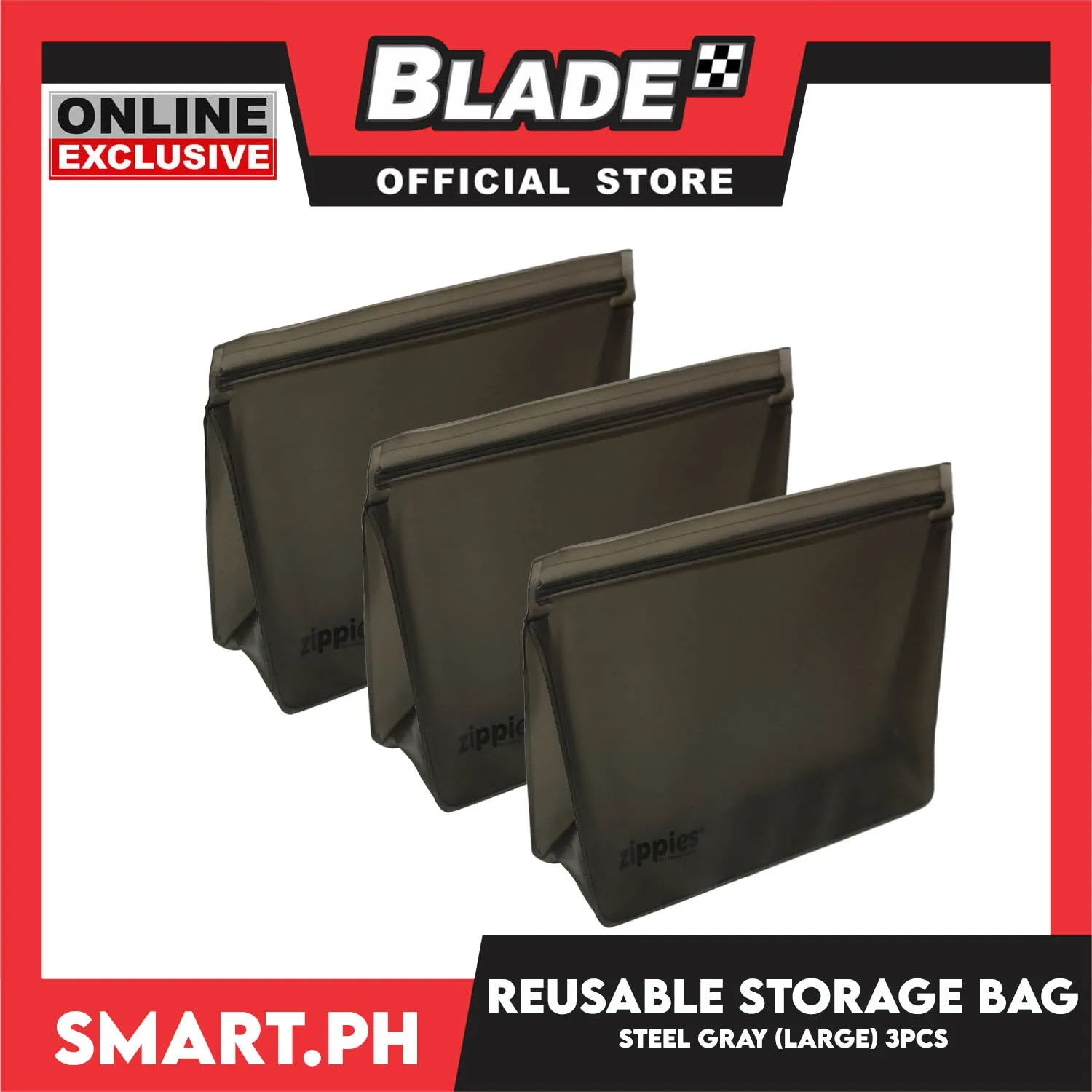 3pcs Large Zippies Reusable Standup Storage (Steel Grey) BPA Free, Practical, Versatile And Functional