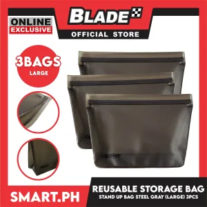 3pcs Large Zippies Reusable Standup Storage (Steel Grey) BPA Free, Practical, Versatile And Functional