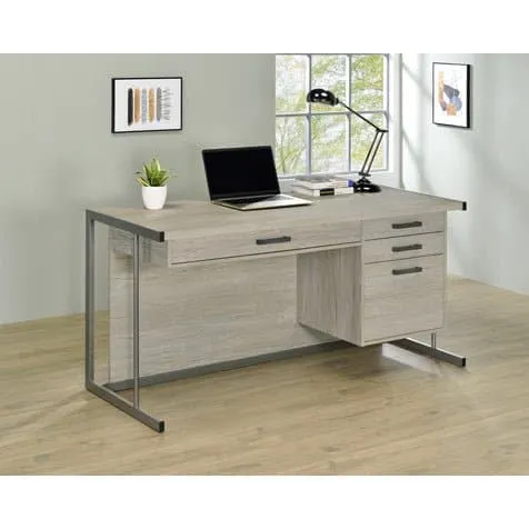 4-Drawer Whitewashed Grey And Gunmetal Rectangular Office Desk