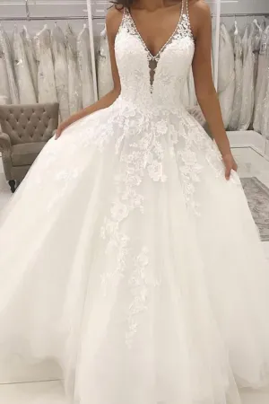 A-line V-neck Formal Wedding Dresses with Lace Appliques