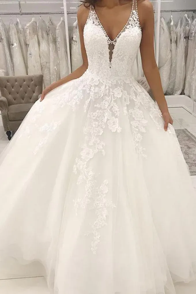 A-line V-neck Formal Wedding Dresses with Lace Appliques