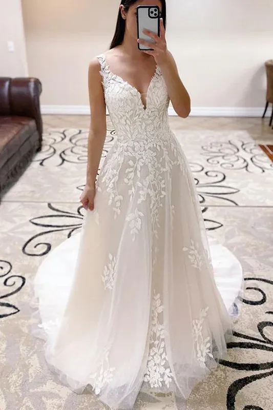 A-Line V Neck Lace Appliques Wedding Dress