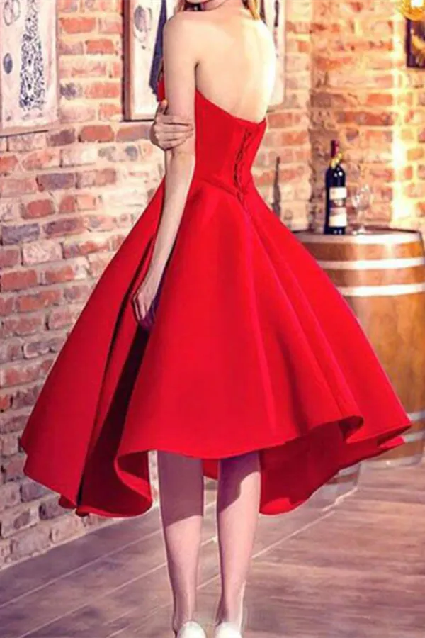 Anneprom Chic A line Sweetheart Red Pretty Satin Prom Dress High Low Evening Party Dress APH0143