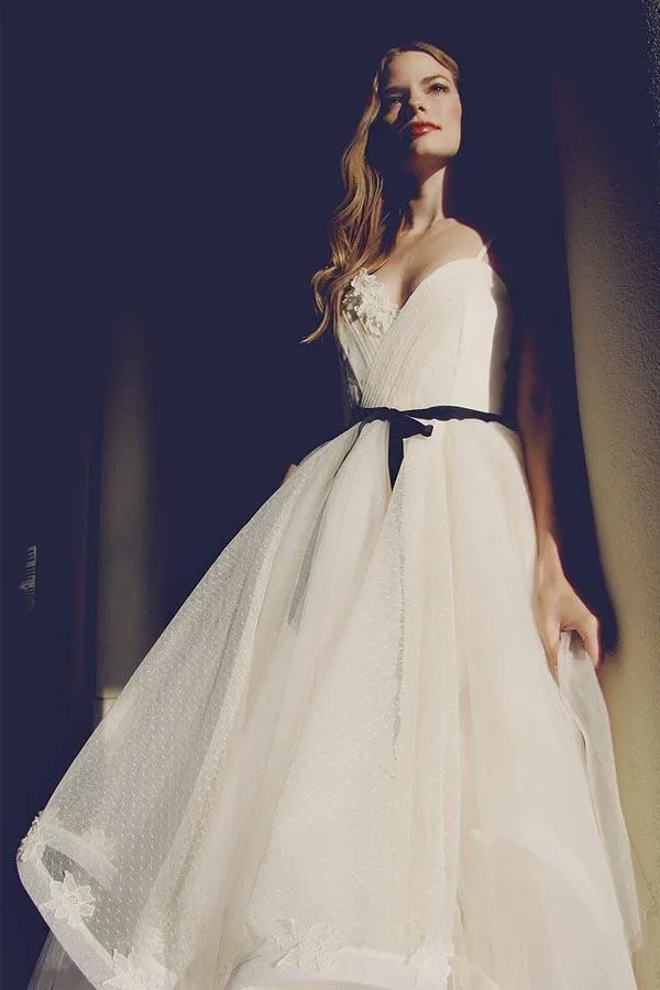 Anneprom Glamorous Straps Ball Gowns Ivory Backless Tulle Wedding Dresses APW0127