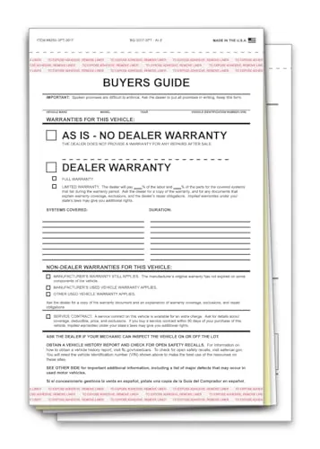 As Is Buyers Guide for Car Dealerships – 2-Part/3-Part, Carbonless, Snap-Out, White/White or White/Canary/White Forms - 7-1/3" × 11-3/4" Window Display Ready with Adhesive Tape