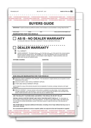 As Is Buyers Guide for Car Dealerships – 2-Part/3-Part, Carbonless, Snap-Out, White/White or White/Canary/White Forms - 7-1/3" × 11-3/4" Window Display Ready with Adhesive Tape