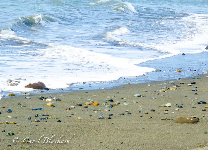 Atlantic Ocean beach with beautiful water and rocks, Argentina,