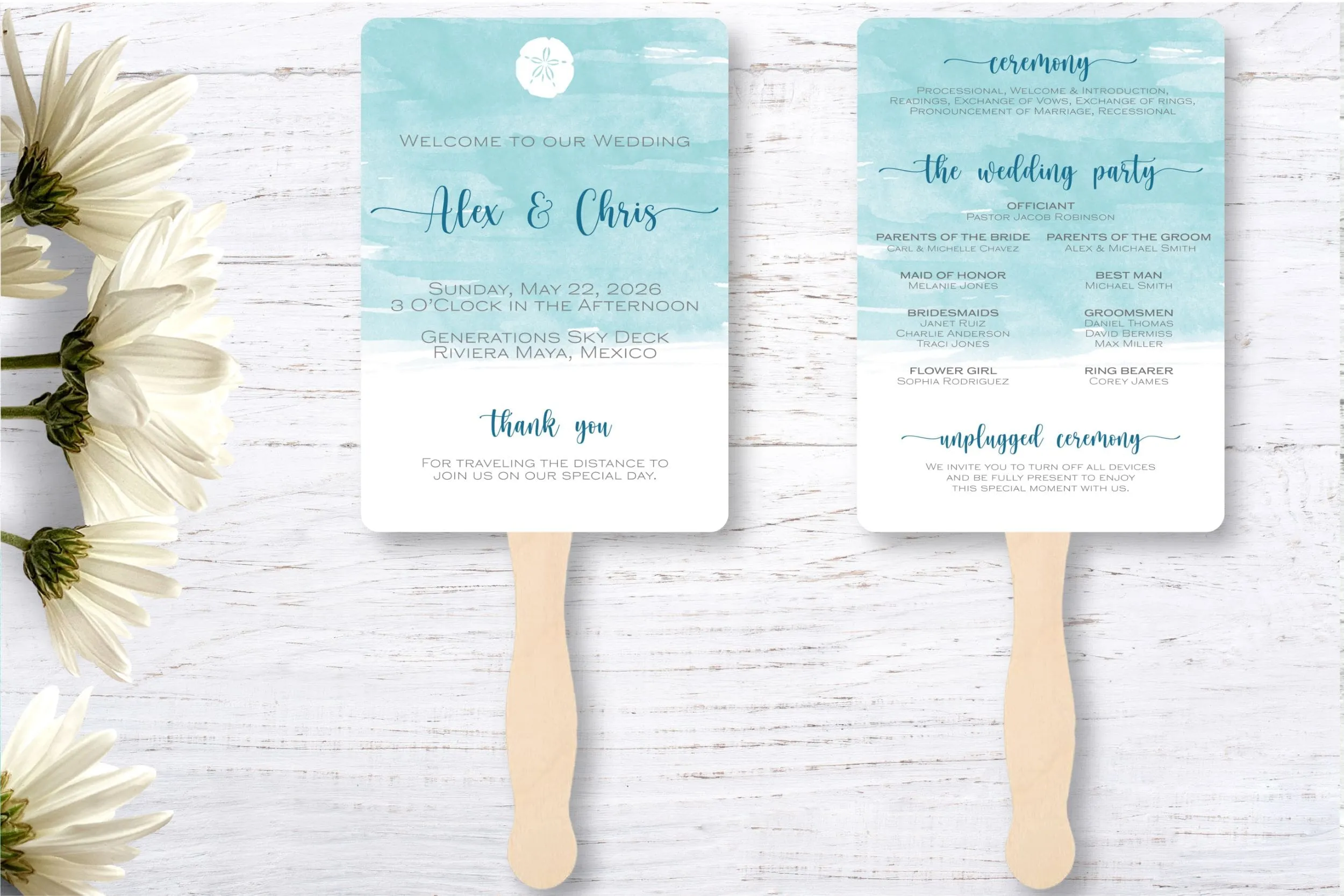 Beach Wedding Program Fans - Sand Dollar
