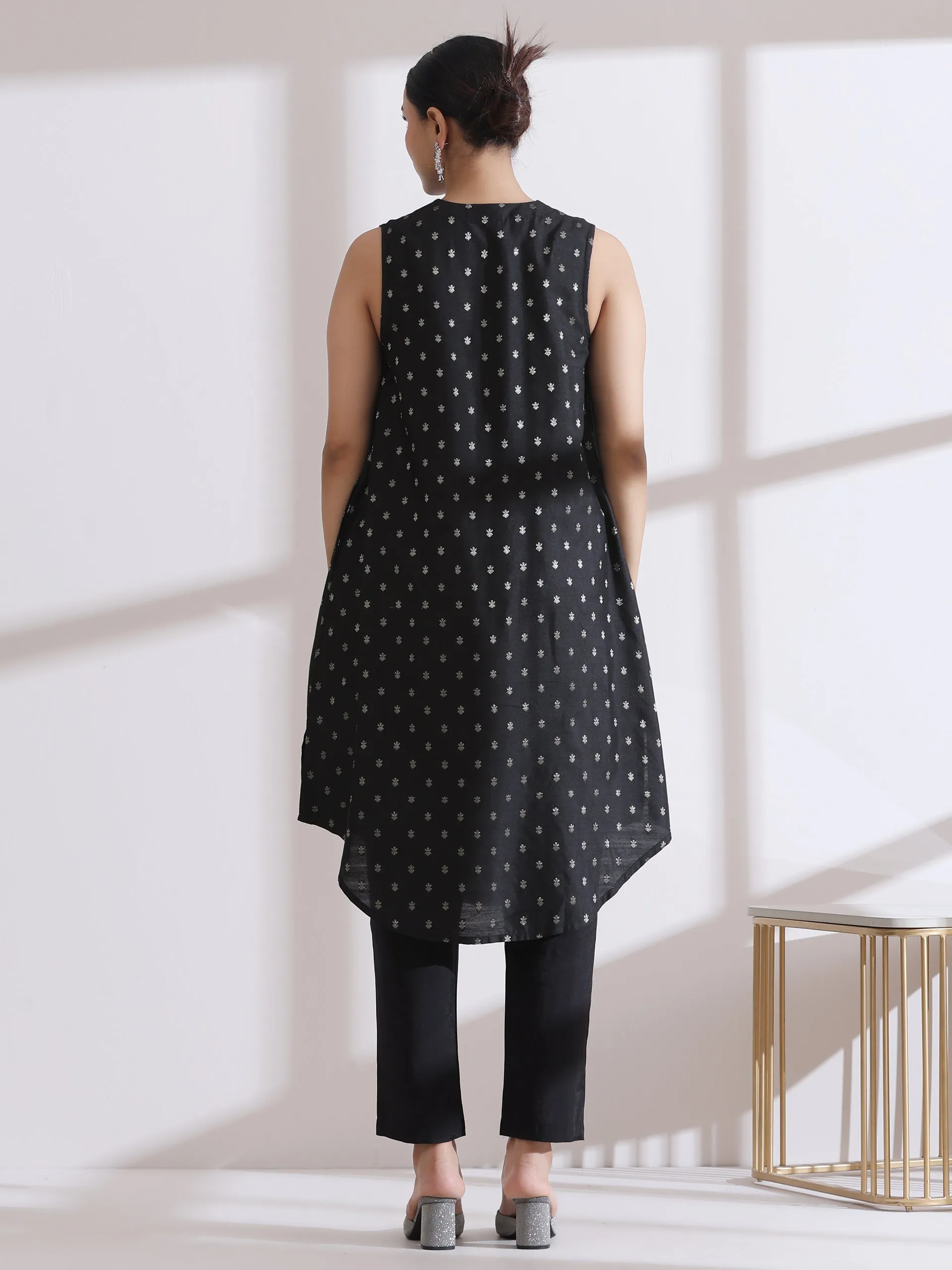 Black Banarasi Silk Woven Sleeveless Kurta With Sequins And Black Pant