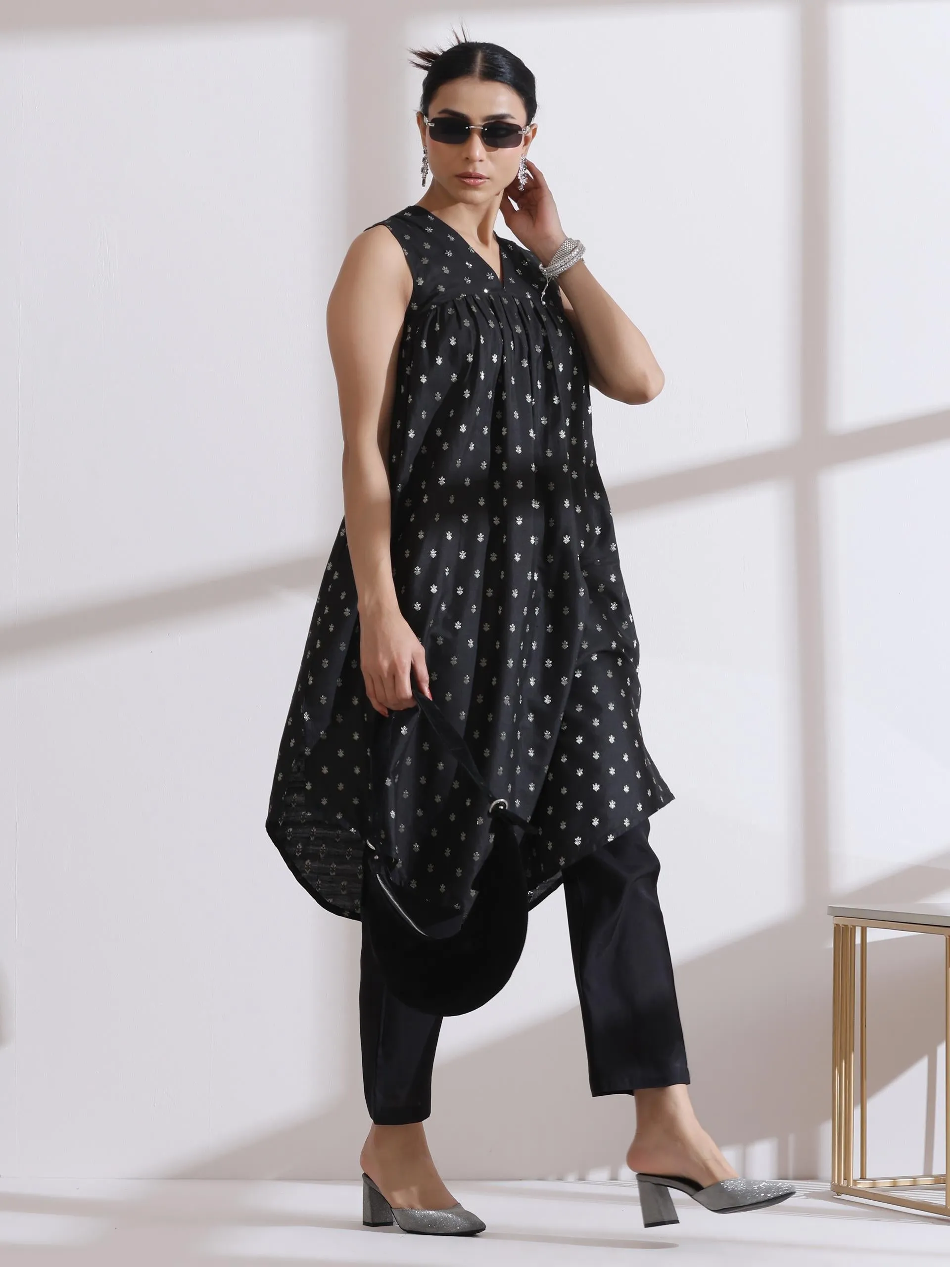 Black Banarasi Silk Woven Sleeveless Kurta With Sequins And Black Pant