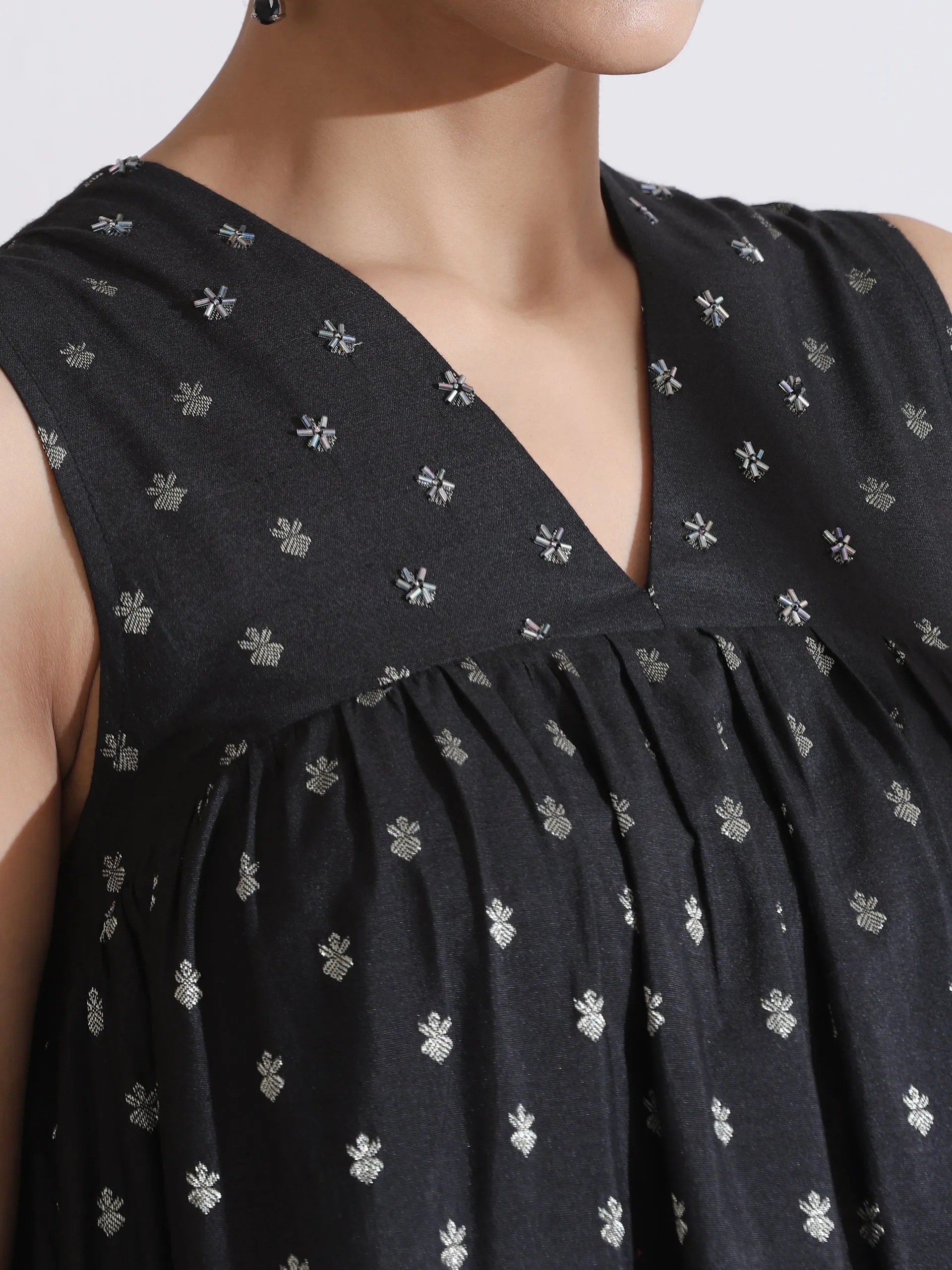 Black Banarasi Silk Woven Sleeveless Kurta With Sequins And Black Pant