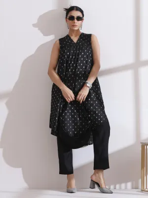 Black Banarasi Silk Woven Sleeveless Kurta With Sequins And Black Pant