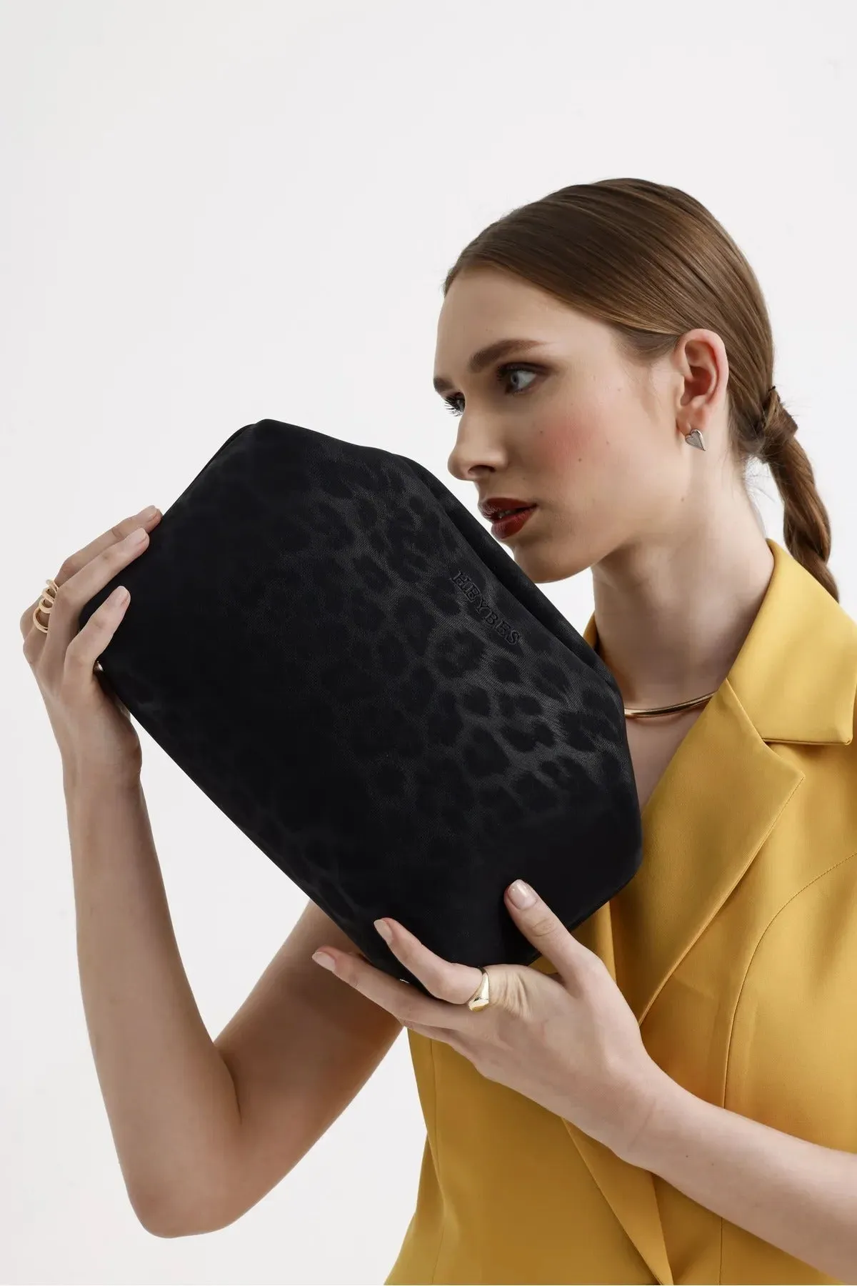 Black Leopard Patterned Faux Leather Clutch Handbag