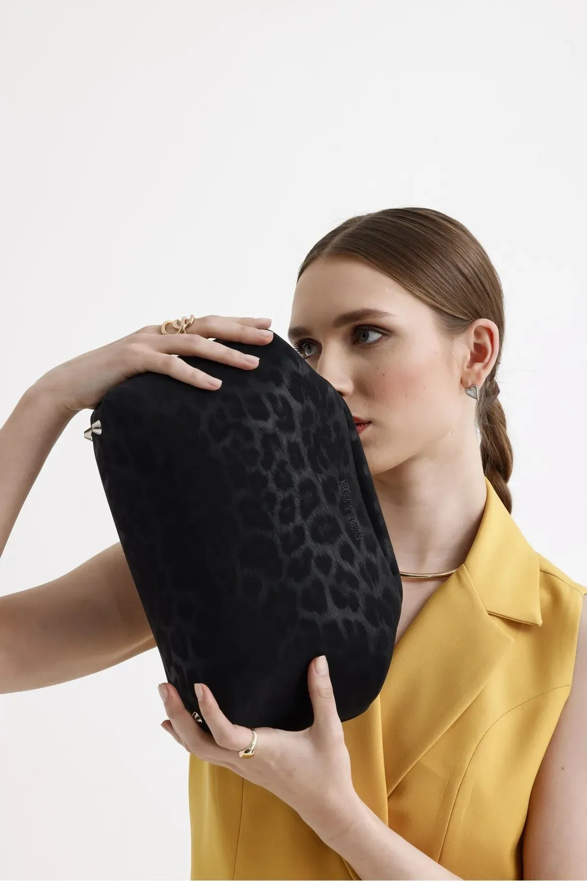 Black Leopard Patterned Faux Leather Clutch Handbag