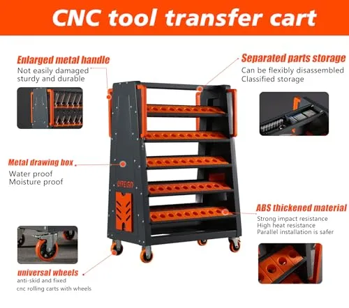 CAT40 CNC Tool Cart-100 Cap, 5-Tier CNC Rolling Carts with Wheels，40 Taper Tool Holder, CNC Mobile Tool Holder, CNC Tool Organizer, CAT 40 Tool