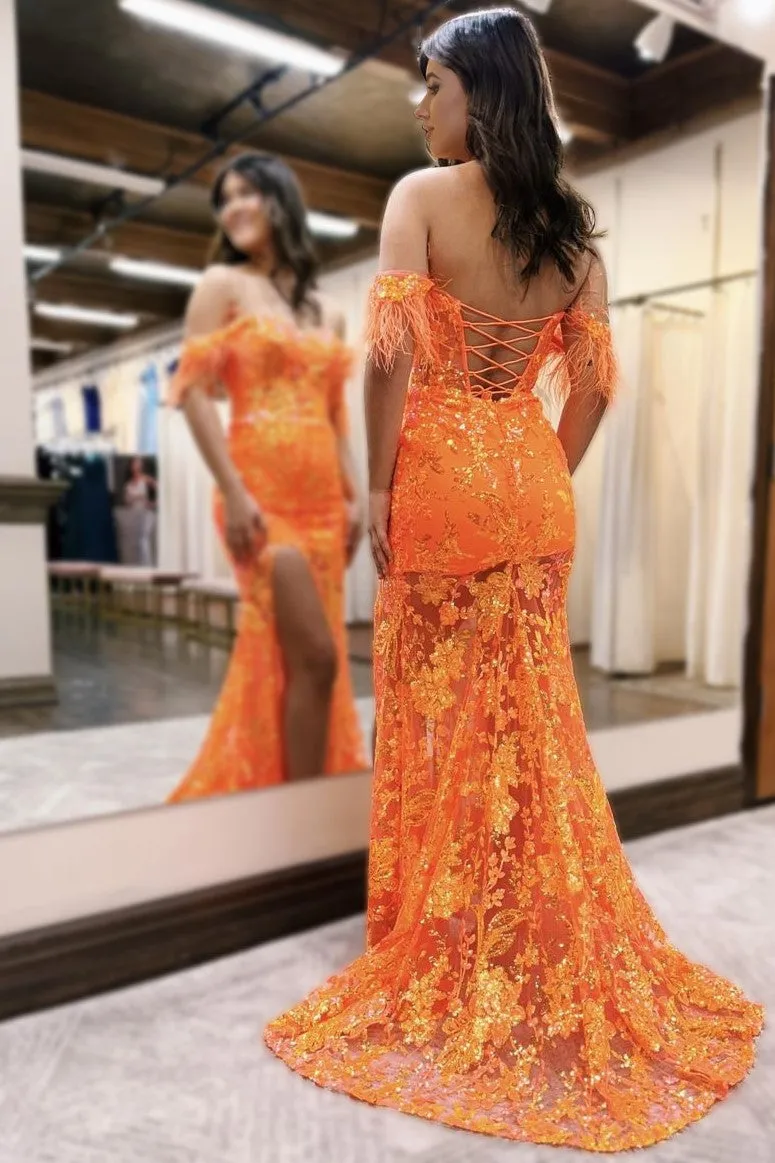 Charming Off The Shoulder Sequin Lace Long Prom Dress with Slit