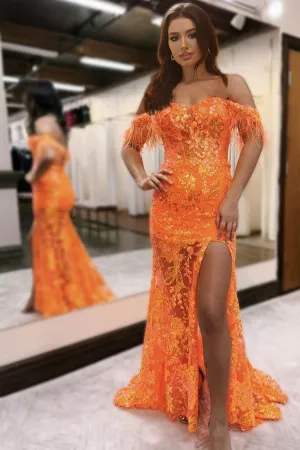 Charming Off The Shoulder Sequin Lace Long Prom Dress with Slit