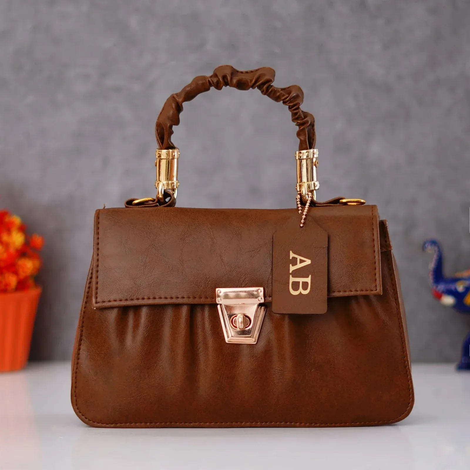 Classy Leather Customized Chain Sling Bag with Handle - Brown