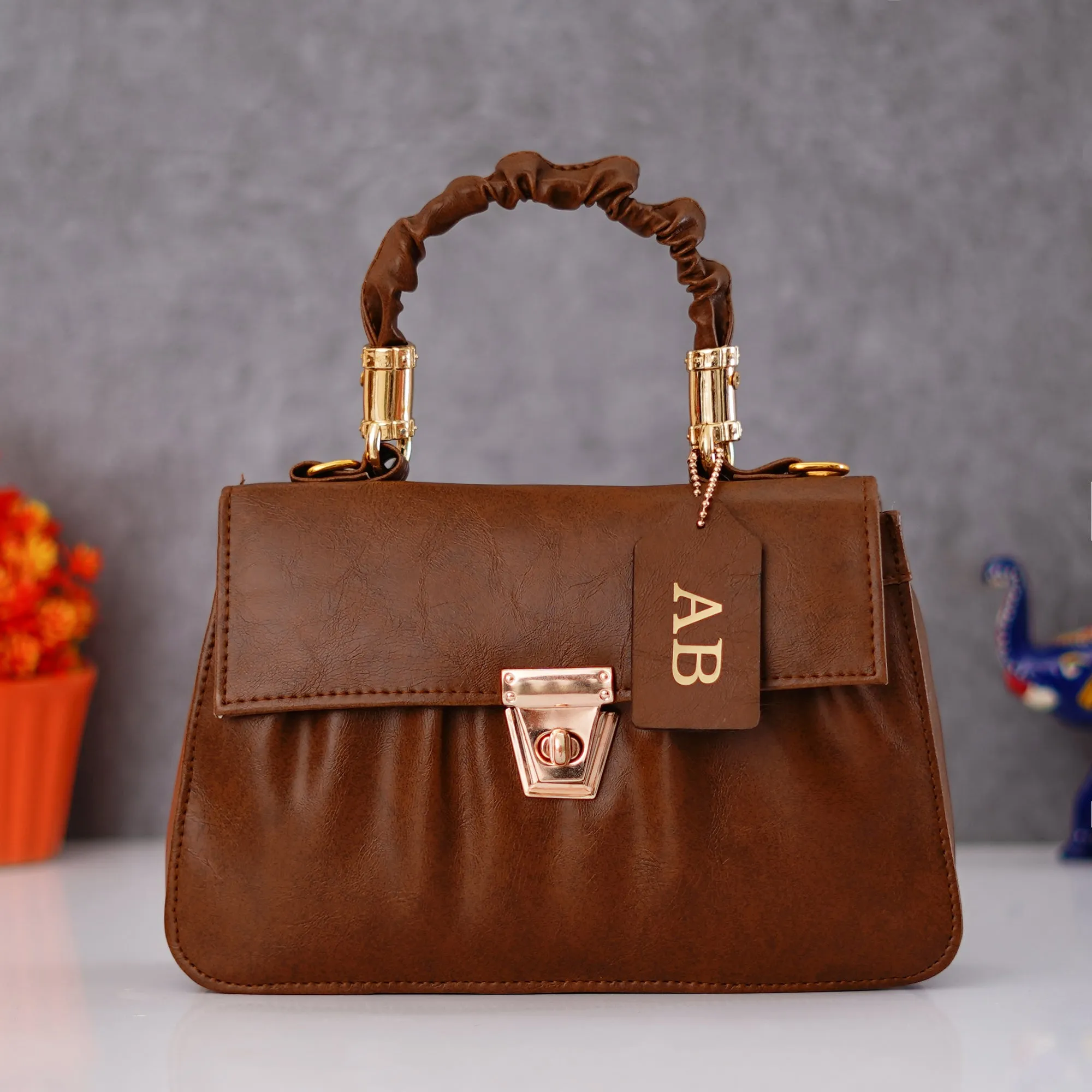 Classy Leather Customized Chain Sling Bag with Handle - Brown