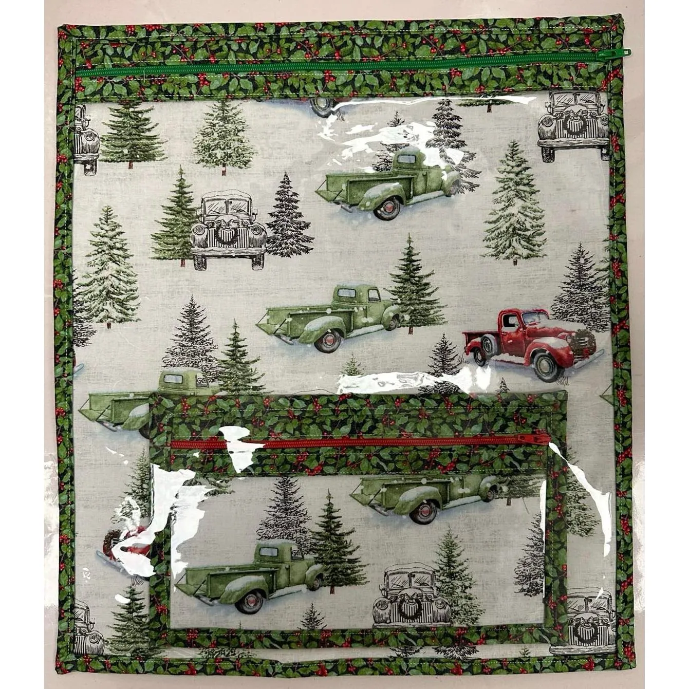 Country Craft Creations - Fabric with Vinyl Craft Keeper With Matching Notions Keeper / Christmas with Truck