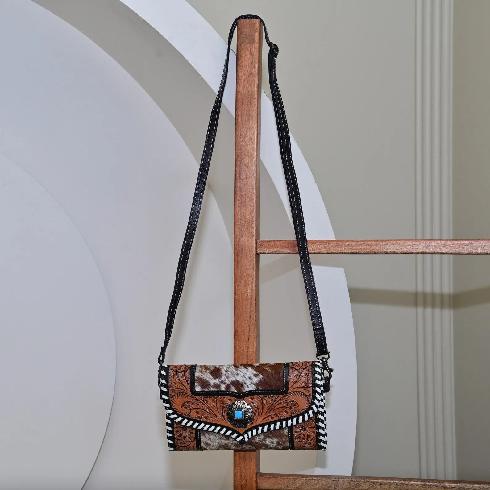 Cowhide Clutch Crossbody Bag With Tooled Leather