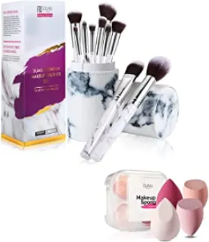 DUAIU 10 PCs Professional Marble Makeup Brushes Set and 4 Pcs Makeup Sponge with Makeup Brushes Holders