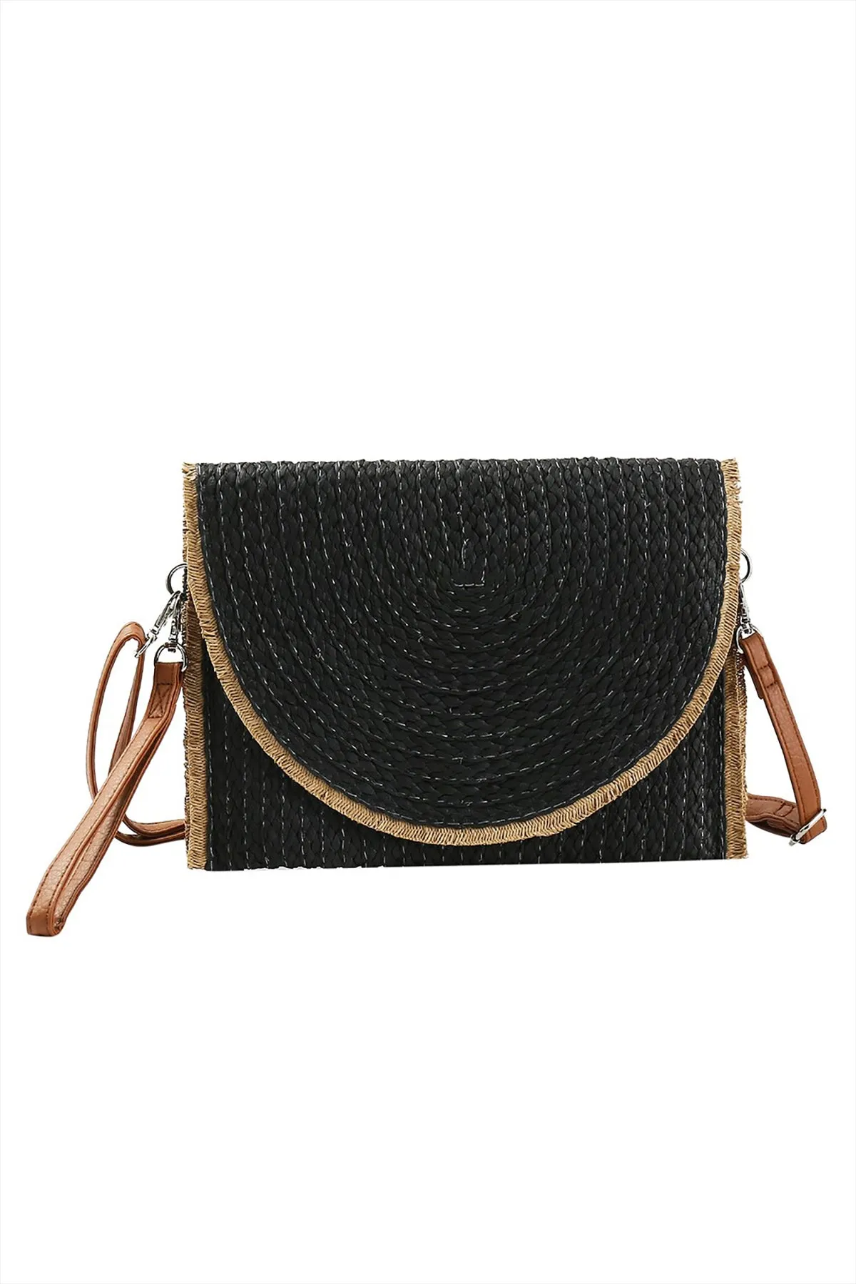 FRAYED TRIM TWO TONE STRAW CLUTCH & CROSSBODY