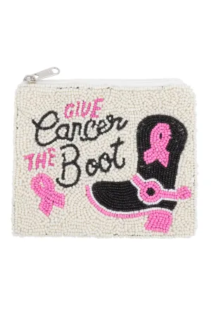 GIVE CANCER THE BOOT PINK RIBBON AWARENESS SEED BEADS COIN POUCH
