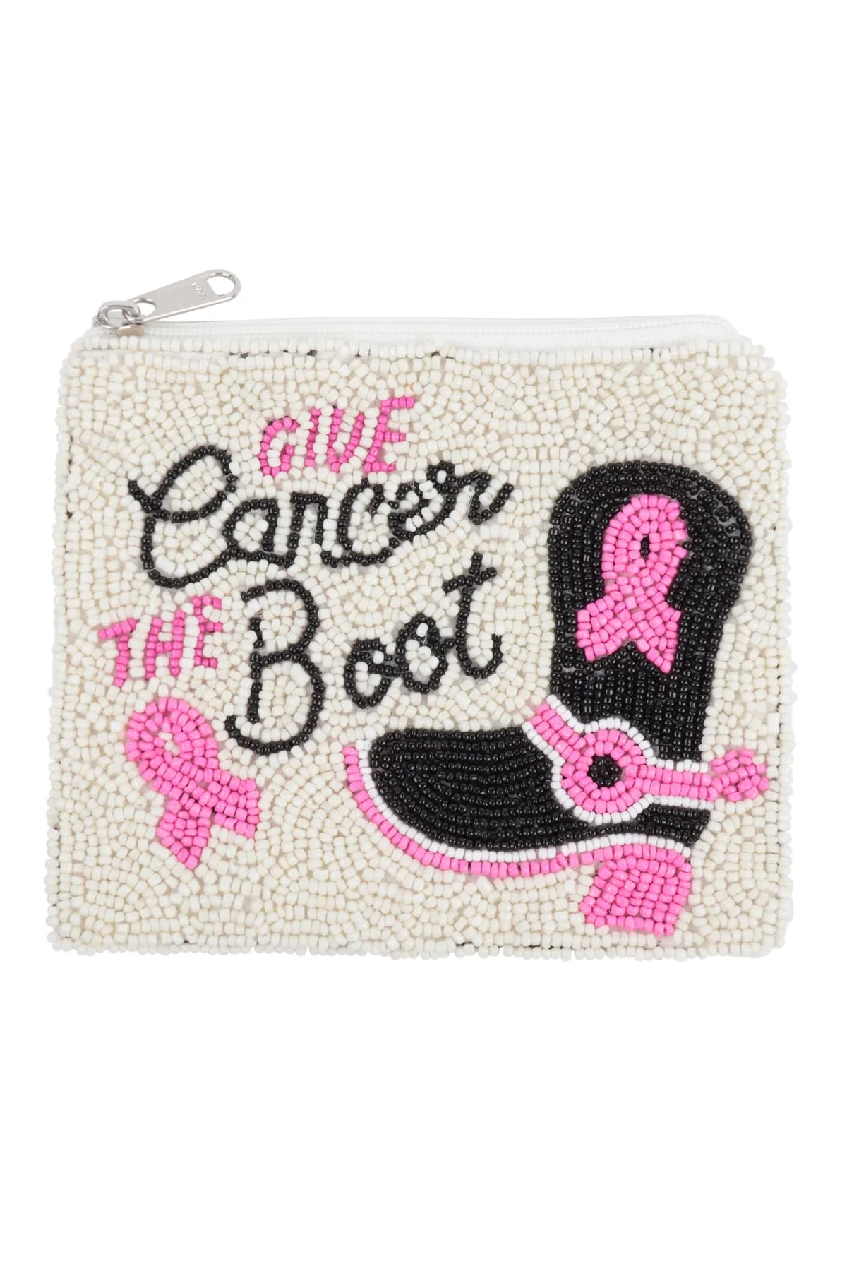 GIVE CANCER THE BOOT PINK RIBBON AWARENESS SEED BEADS COIN POUCH