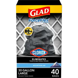 Glad Clorox ForceFlex 30-Gal Drawstring Trash Bags, Mountain Air, 40 Bags