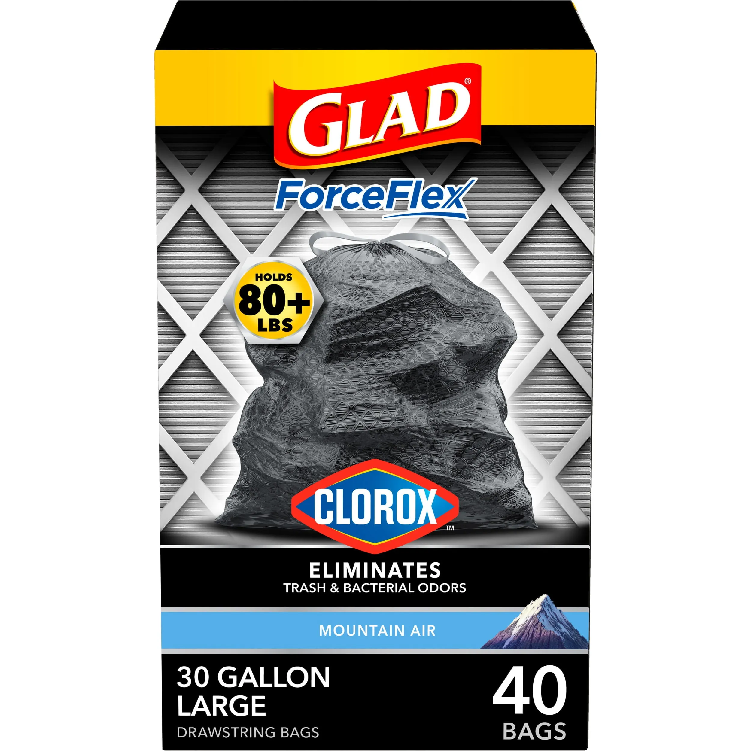 Glad Clorox ForceFlex 30-Gal Drawstring Trash Bags, Mountain Air, 40 Bags