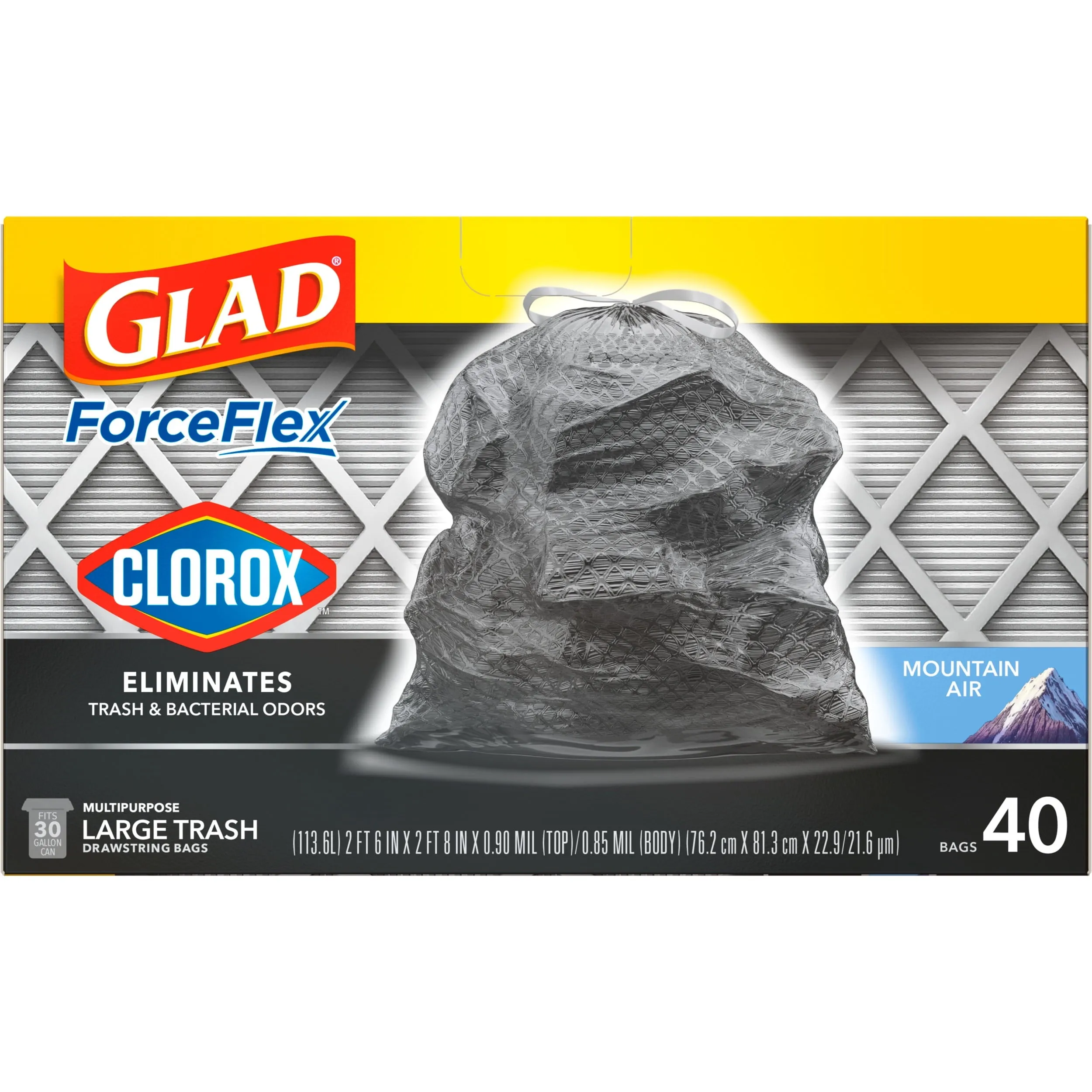 Glad Clorox ForceFlex 30-Gal Drawstring Trash Bags, Mountain Air, 40 Bags