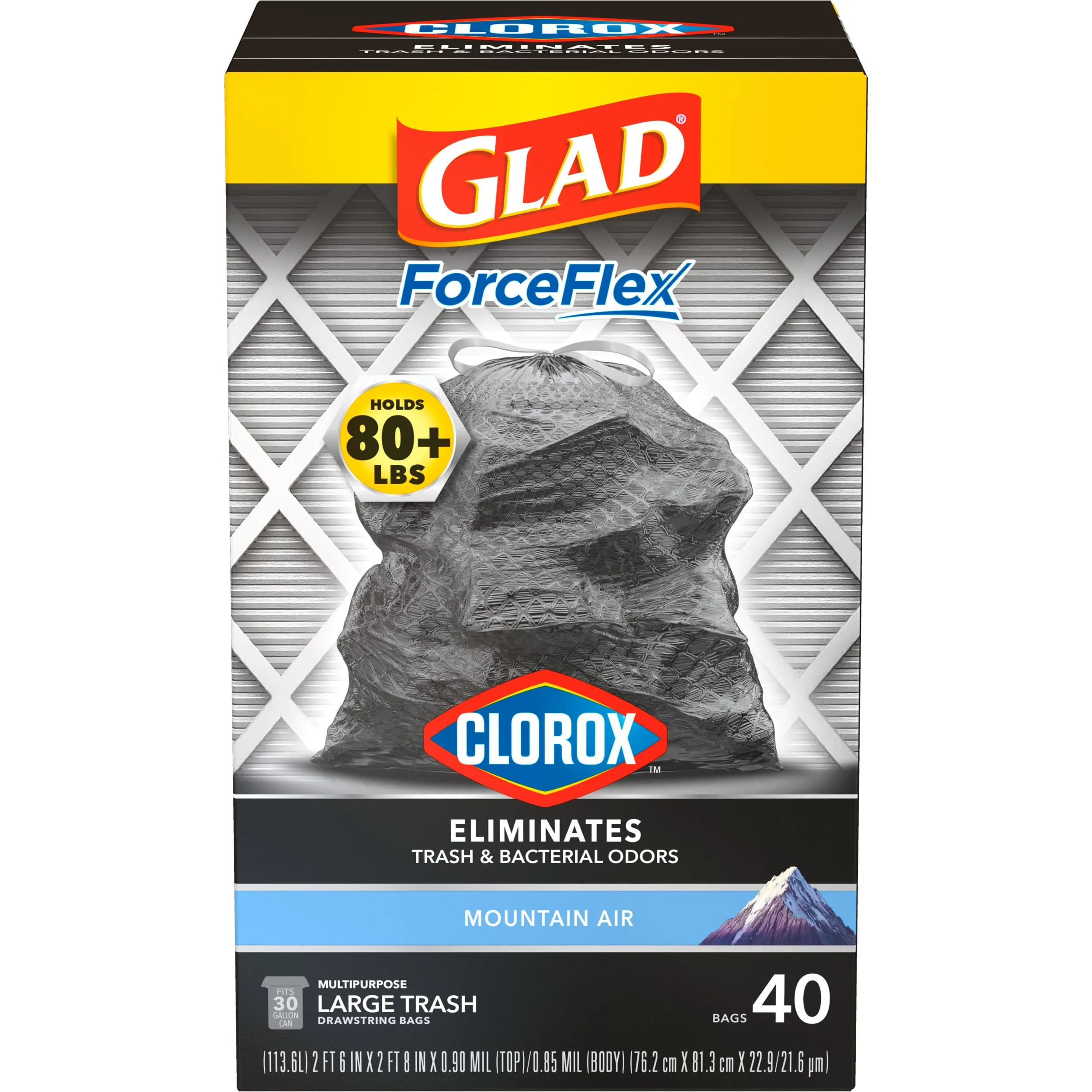 Glad Clorox ForceFlex 30-Gal Drawstring Trash Bags, Mountain Air, 40 Bags