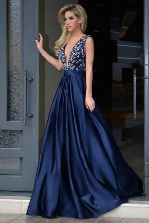 Glamorous A-Line Deep V-Neck  Royal Blue Long Beading Prom Dress With Sweep Train OK814