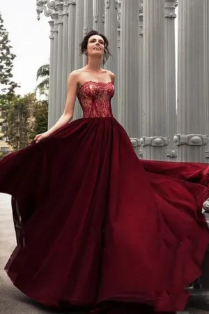 Glamorous A-Line Strapless Burgundy Long Chiffon Prom Dresses With Lace OK855
