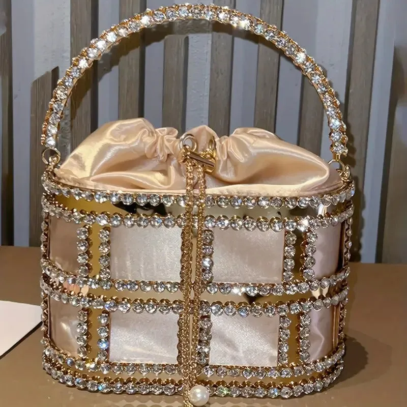 Glamorous Rhinestone Embellished Metal Top Handle Evening Clutch with Rhinestones and Pearl Accent