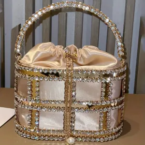 Glamorous Rhinestone Embellished Metal Top Handle Evening Clutch with Rhinestones and Pearl Accent