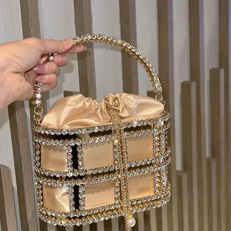 Glamorous Rhinestone Embellished Metal Top Handle Evening Clutch with Rhinestones and Pearl Accent