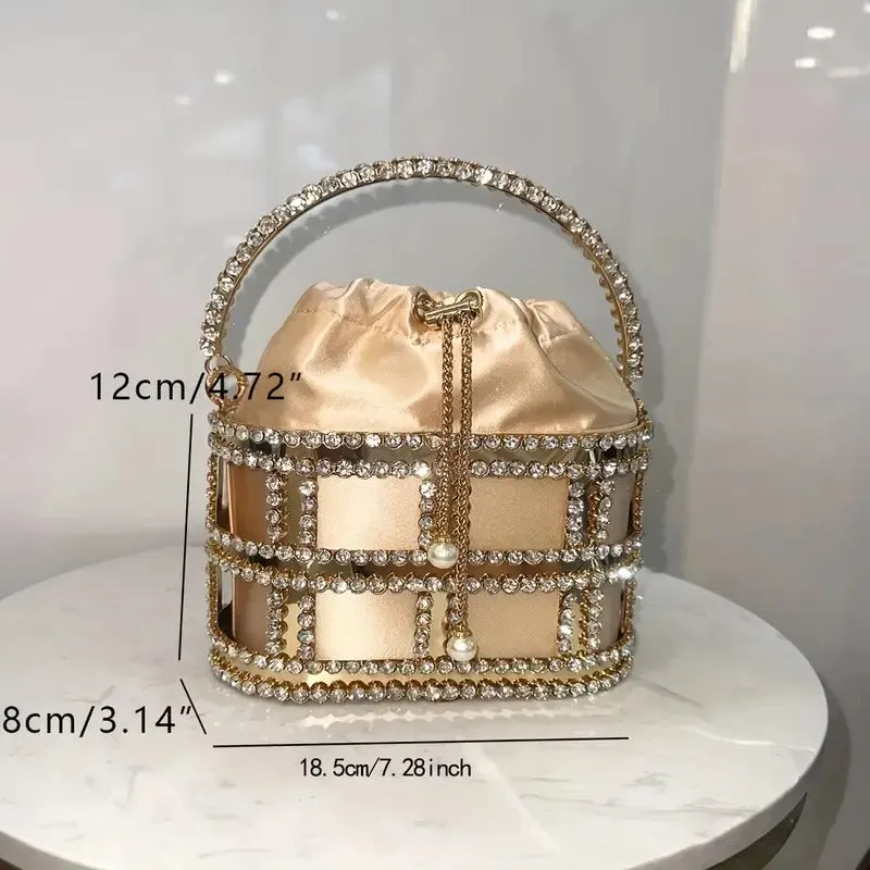 Glamorous Rhinestone Embellished Metal Top Handle Evening Clutch with Rhinestones and Pearl Accent