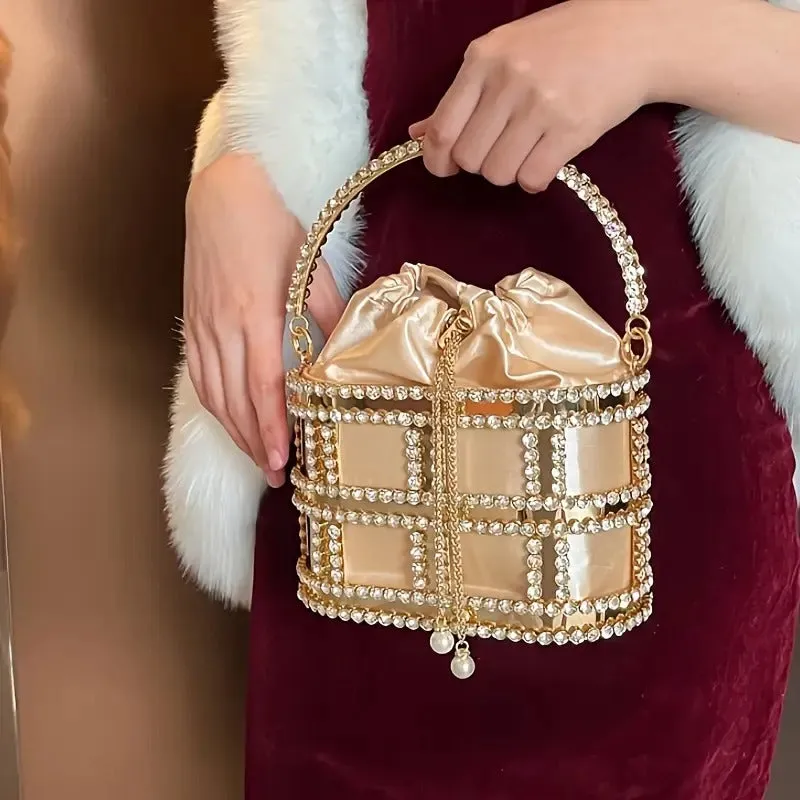 Glamorous Rhinestone Embellished Metal Top Handle Evening Clutch with Rhinestones and Pearl Accent