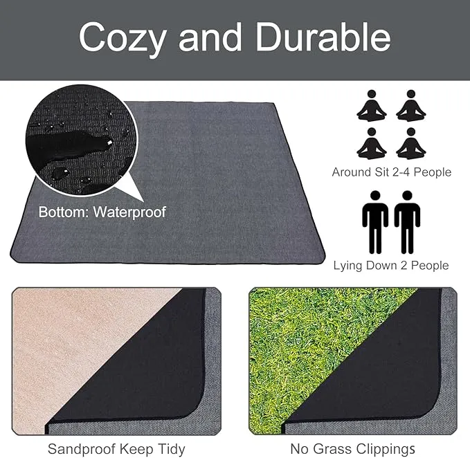 Grey Picnic Blanket with Strap, 60'' x 80'' Sandproof Beach Mat with Storage Bag, Waterproof Outdoor Blanket for Travel Camping Park Beach, Machine Washable (Grey)