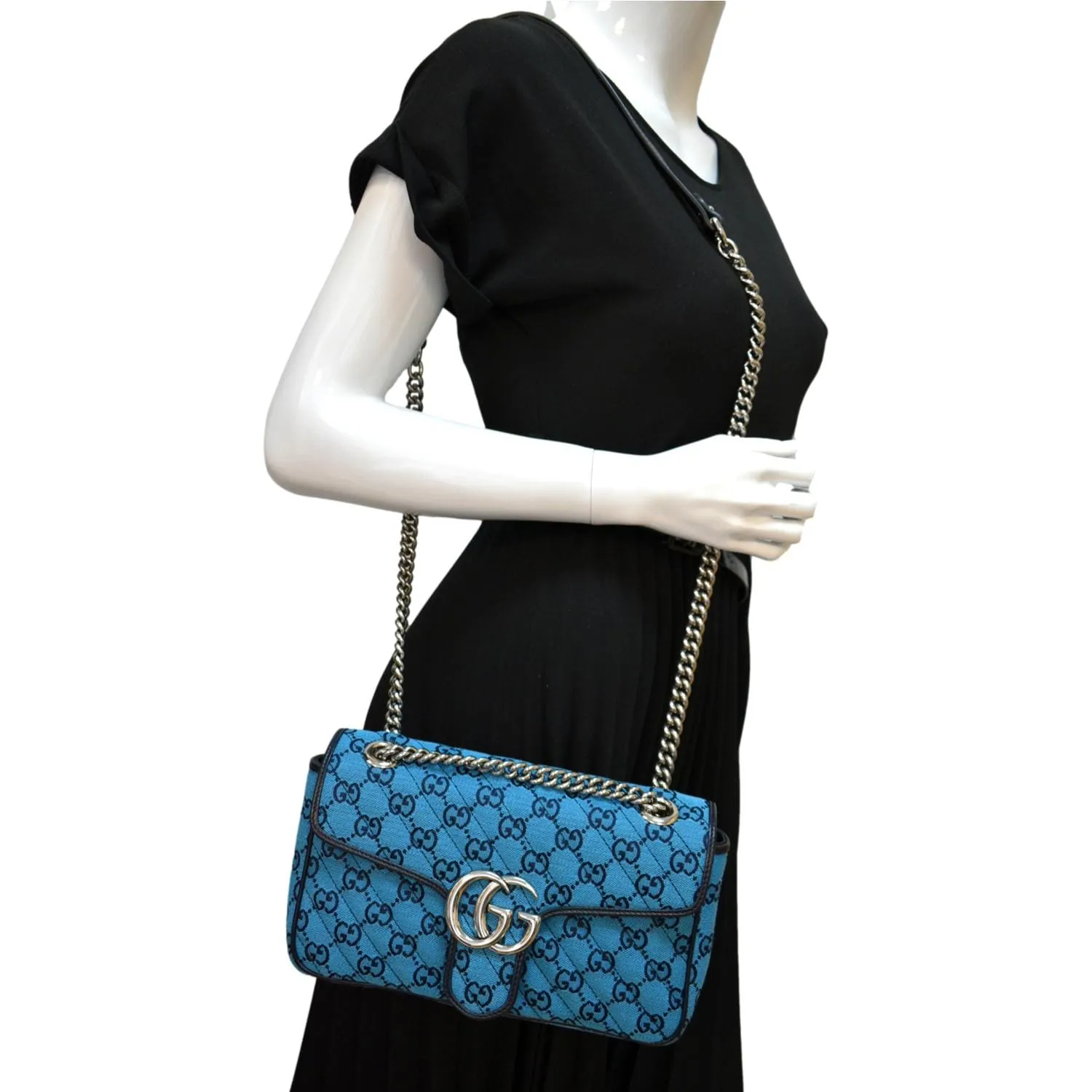 GUCCI GG Marmont Canvas Leather Crossbody Bag Blue 443497