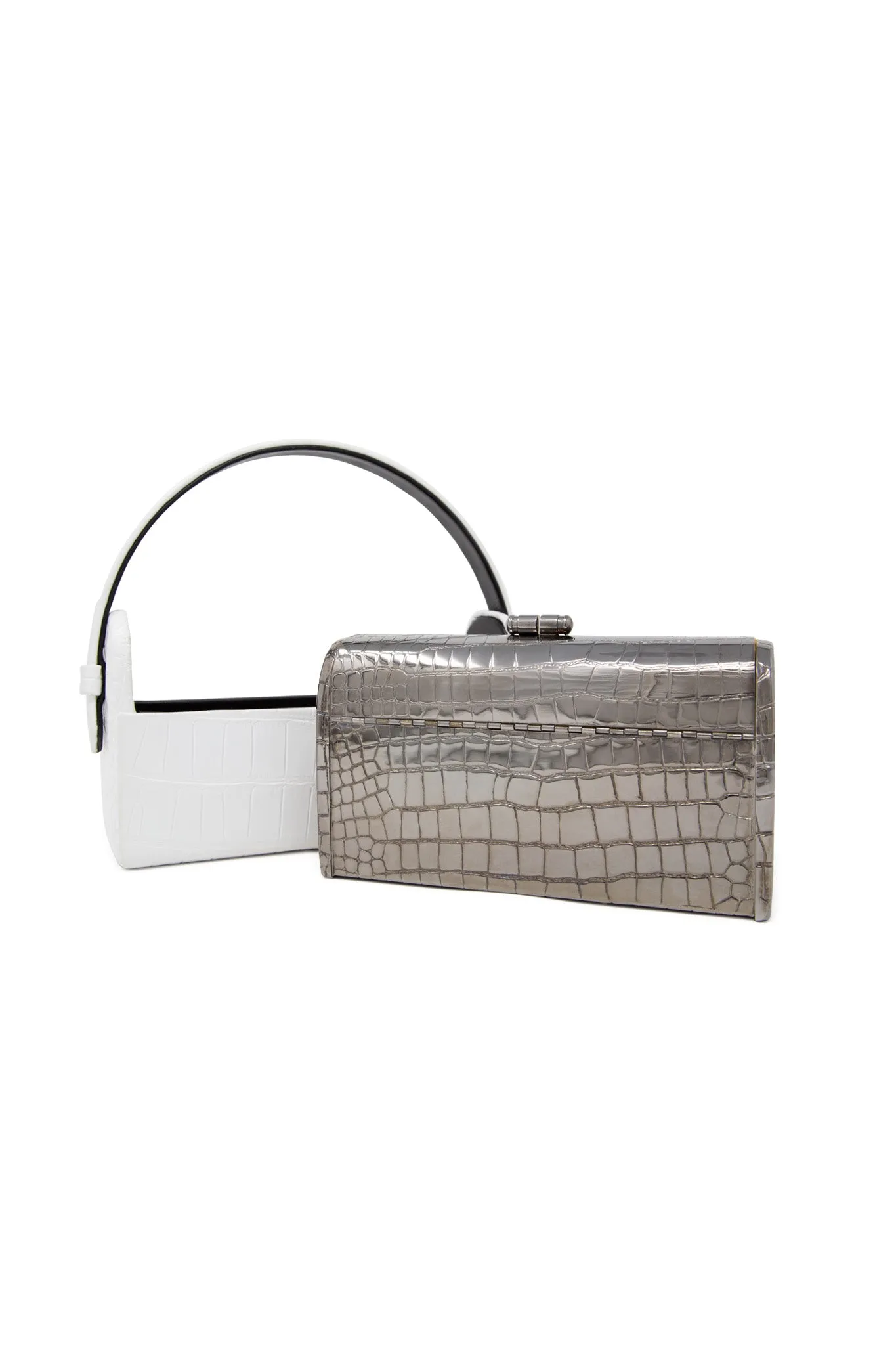 Gunmetal Croco Régine Minaudière with White Shiny Alligator Case